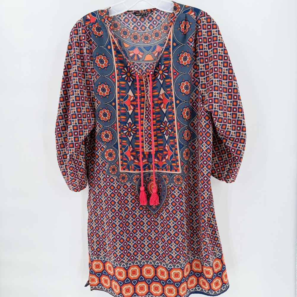 NLW Boho Tunic Dress Blue Orange Geometric Floral Tassel Tie Shift Dress Large